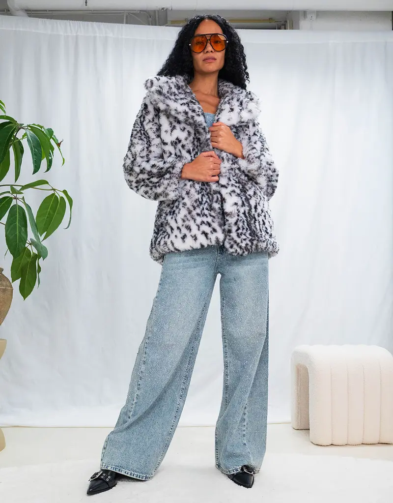 Printed faux fur midi coat