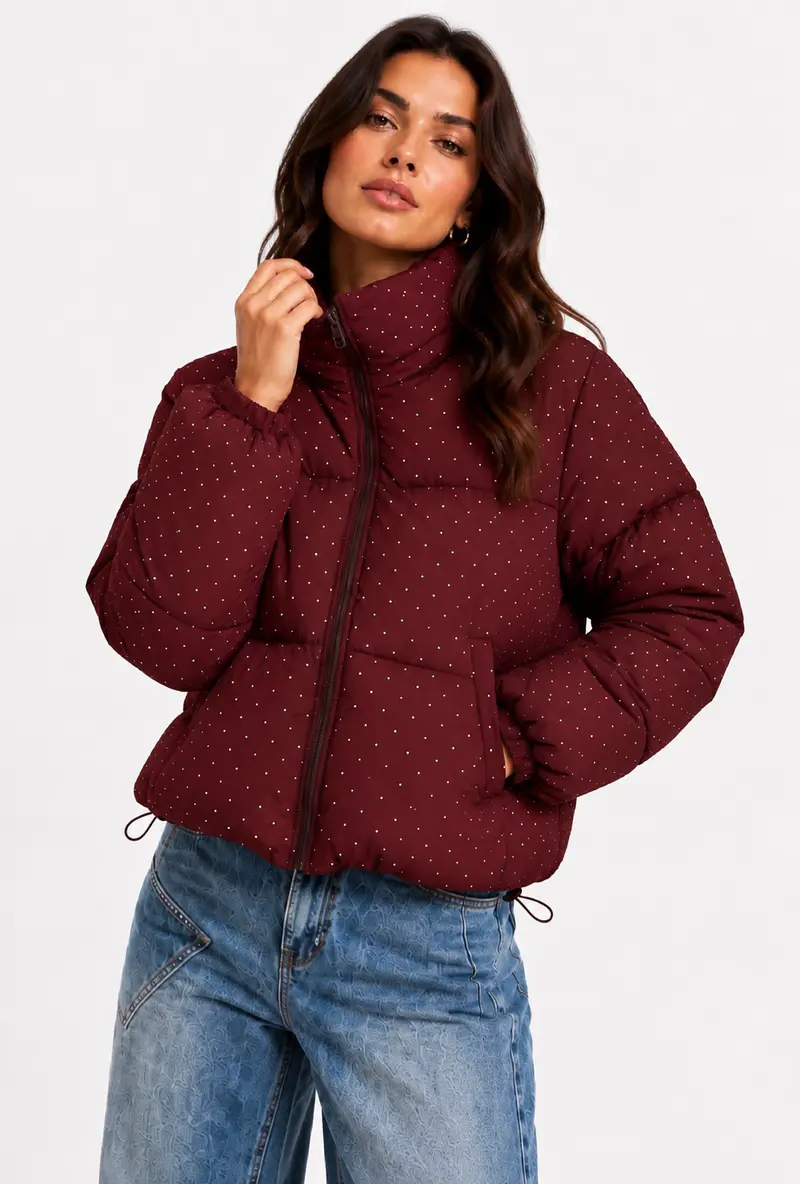 Puffer coat bordeaux strass glitter