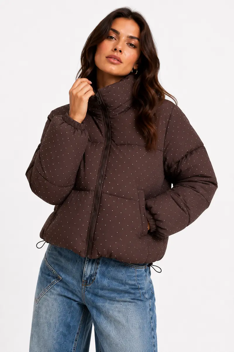 Puffer coat bruin strass glitter
