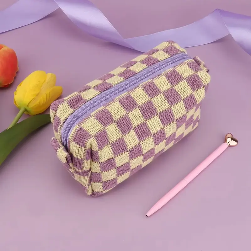 Purple Checkerboard Zipper Pouch