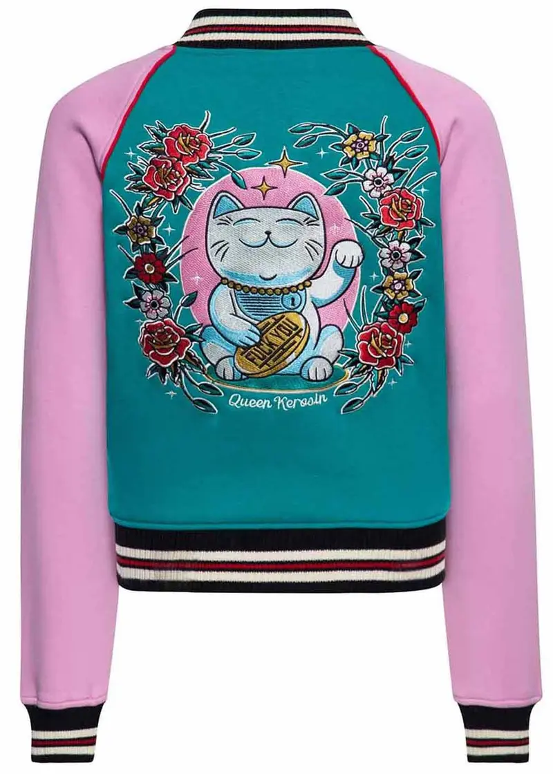 Queen Kerosin Lucky Cat College Jacket Green Pink
