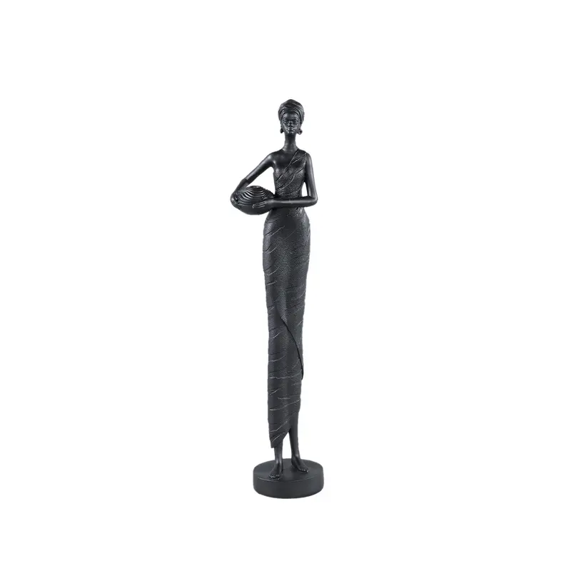Rafah Black Poly Woman Statue Holding Pot Low PTMD