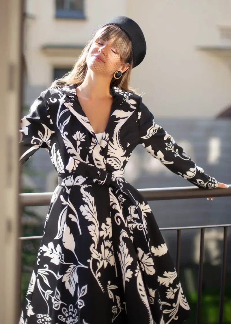 RainSisters Blooming Night 50s Raincoat Black White