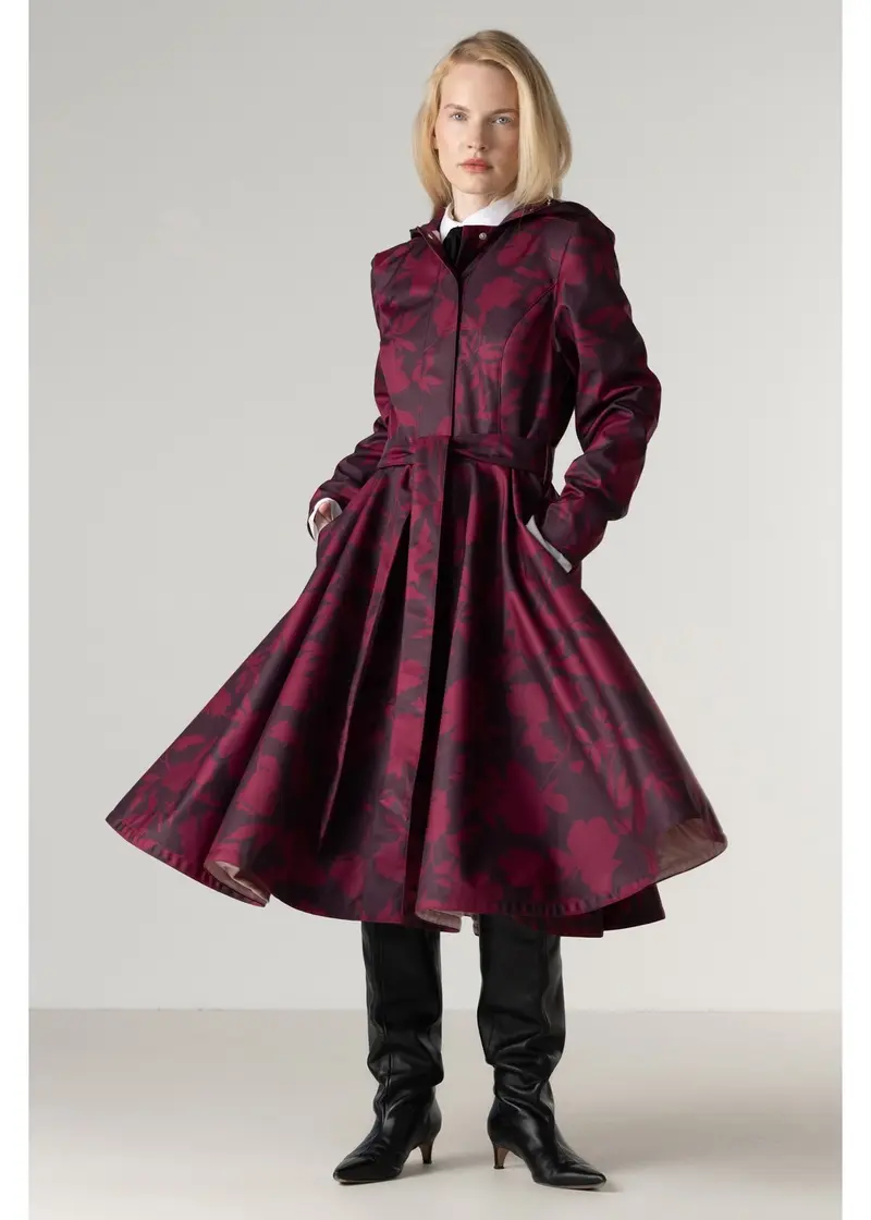 RainSisters Peony Velvet 50's Swing Raincoat Burgundy