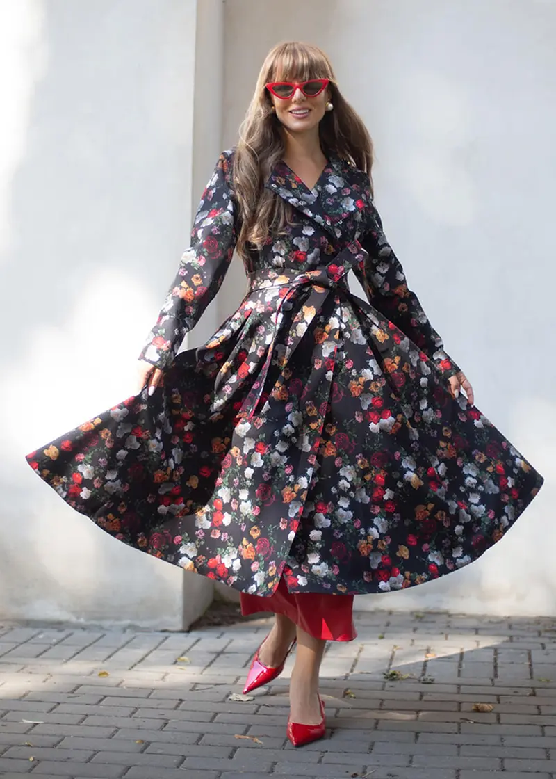 RainSisters Rose Garden 50's Swing Raincoat Black