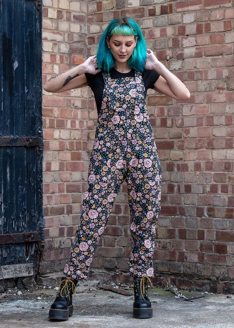 Rebel Romance Eye Spy Floral Dungarees Black