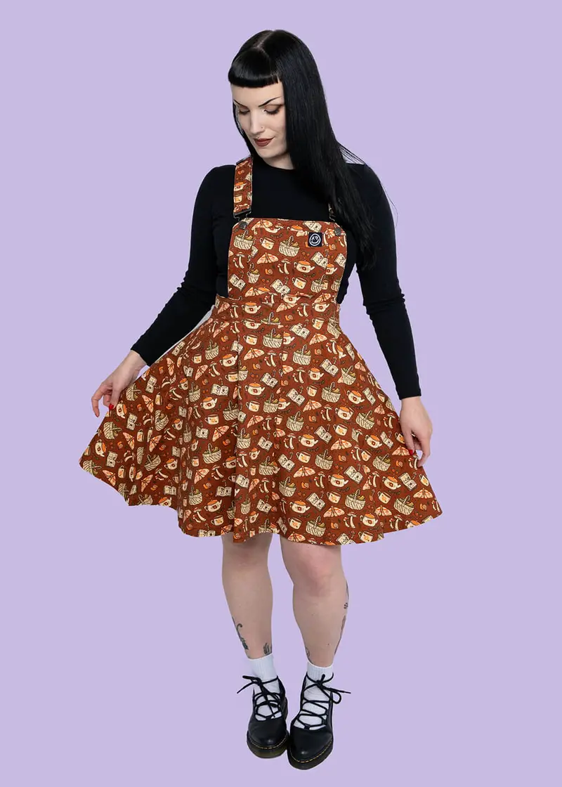 Rebel Romance Mushroom Tea Party Pinafore Swing Dress Brown