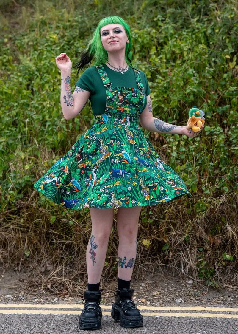 Rebel Romance Pond Birds Pinafore Swing Dress Green
