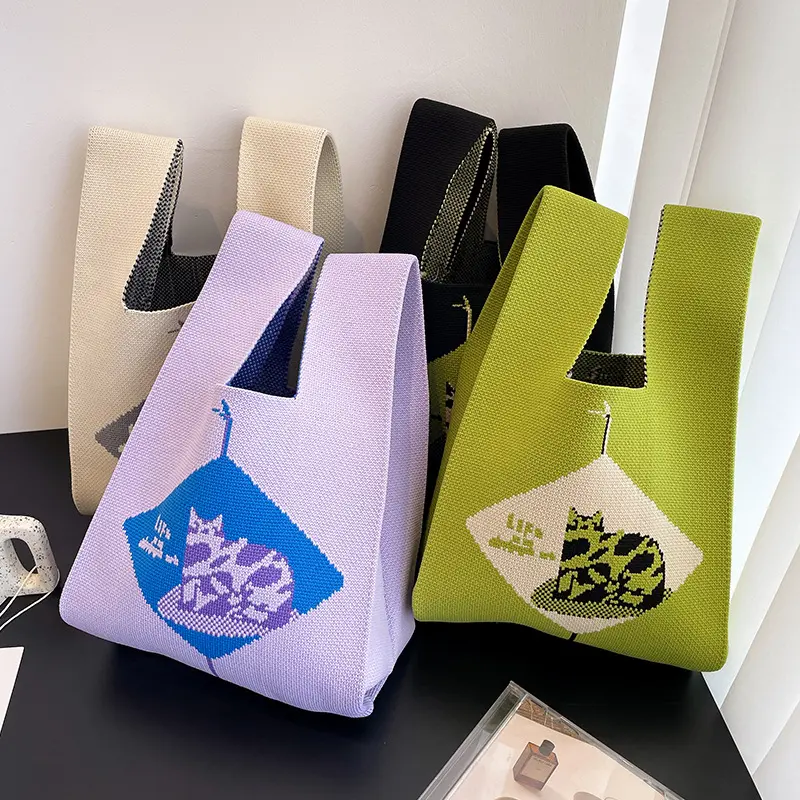Relaxing Cat Knitted Mini Lunch Tote (4 Colours)