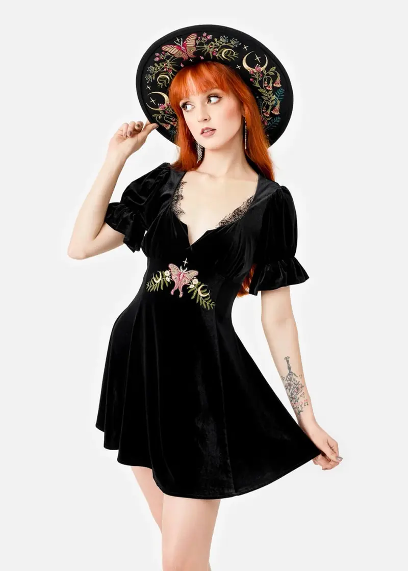 Restyle Midnight Flora Moth Mini Dress Black