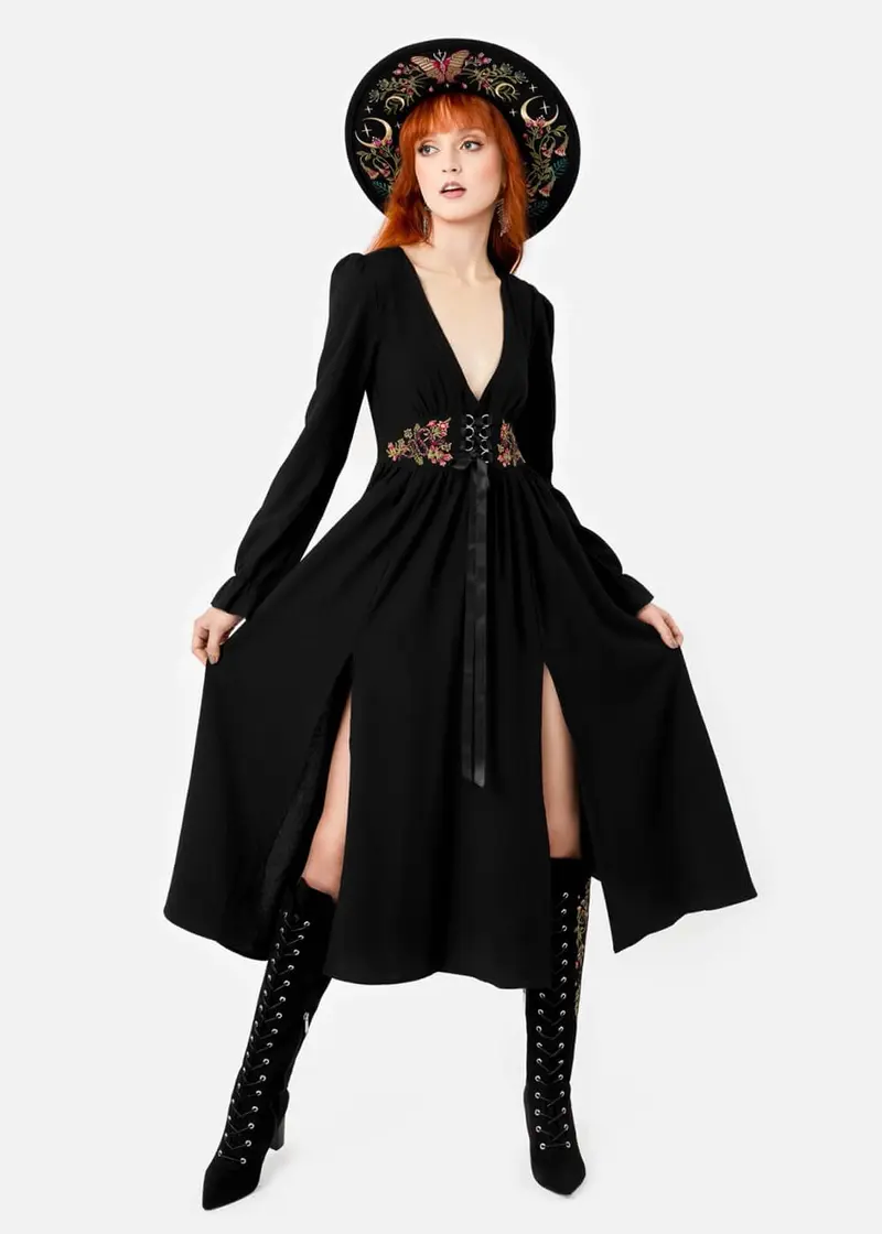 Restyle Poisoned Petal Moth Midi Dress Black