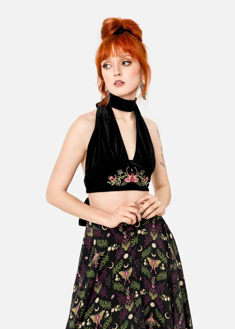 Restyle Woodland Bloom Moth Halter Top Black