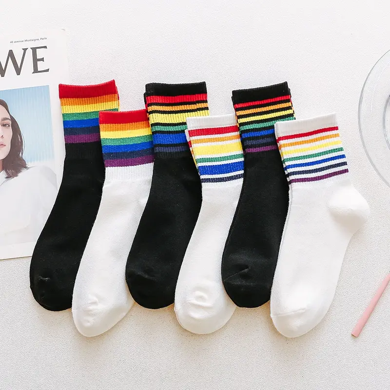 Retro Style Rainbow Cuff Crew Socks (6 Colours)