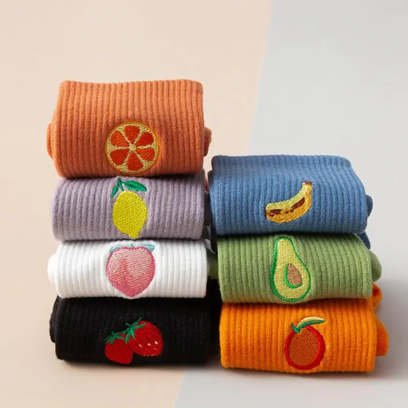 Ribbed Fruit Embroidery Crew Socks (7 Designs)