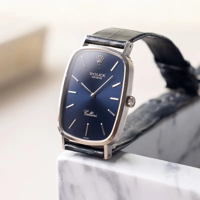 Rolex Cellini Blue Dial Rectangular Case in 18K White Gold Ref. 4113 Box and Paper Set