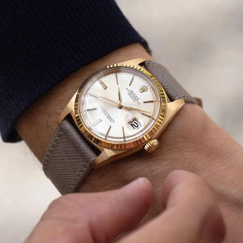 Rolex Datejust 1601/8 Doorstop Silver Soleil Dial in 18k Yellow Gold