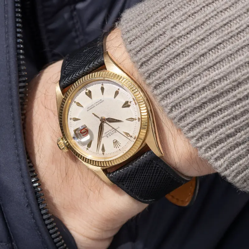 Rolex Datejust Cream dial with "Arrow head " markers in 18 k yellow gold ref 6605