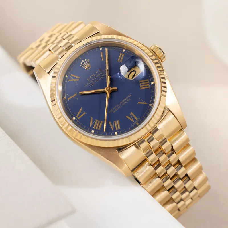 Rolex Datejust Yellow Gold Blue Buckley Dial Ref 16018
