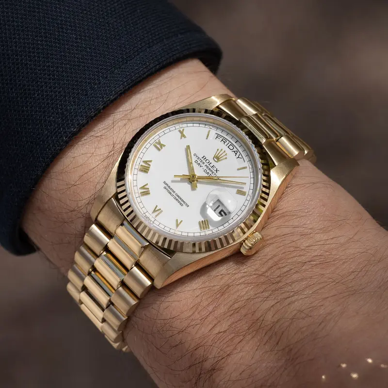 Rolex Day-Date 18038 Porcelain Roman Dial in 18k Yellow Gold