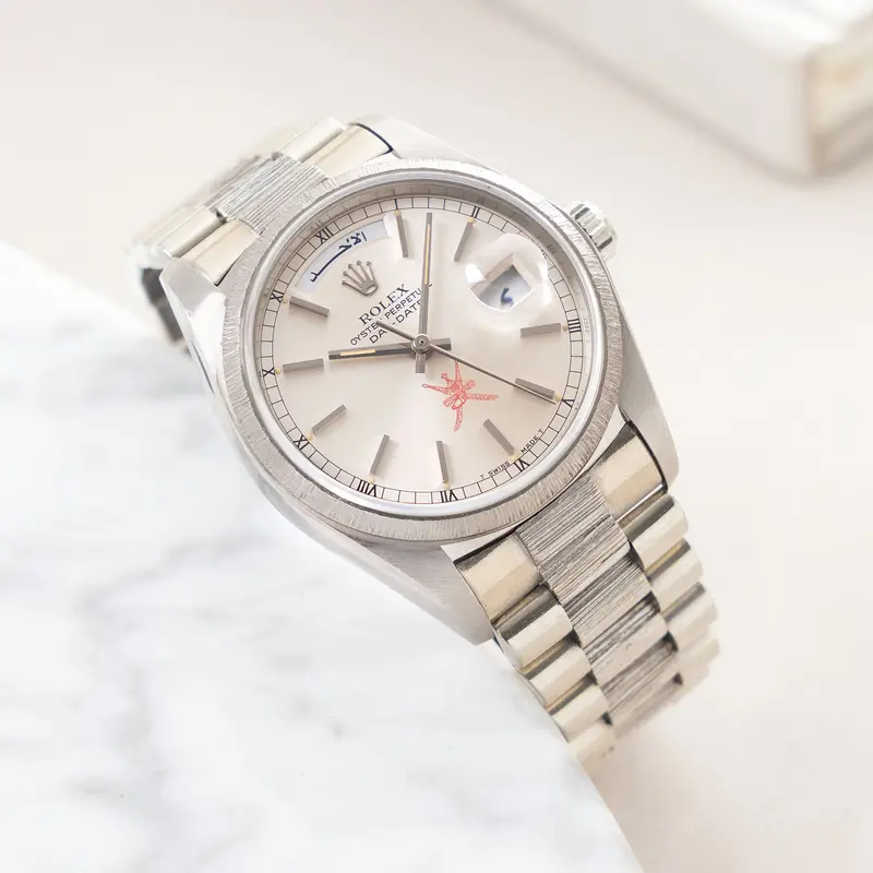 Rolex Day-Date 18079 red “Khanjar” Bark Finish in 18k white for the Sultanate of Oman