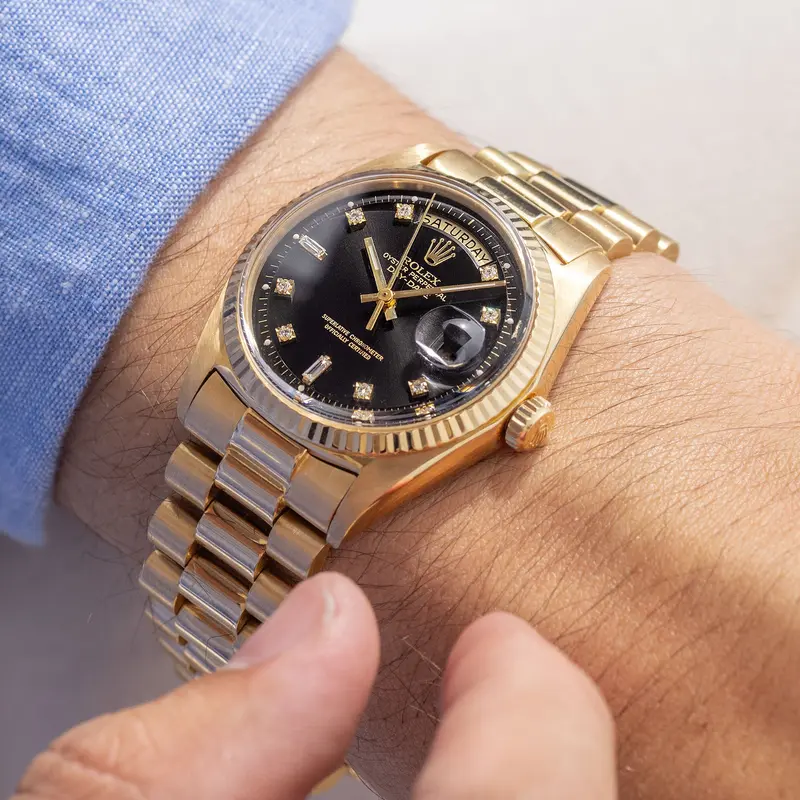 Rolex Day-Date Yellow Gold Black Diamond Hours Dial ref 1803