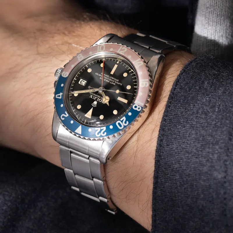 Rolex GMT-Master 1675 PCG mit super glänzendem Gilt-Chapter ring Zifferblatt Exclamation dot