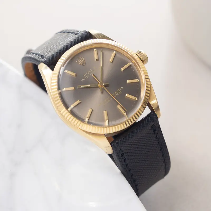 Rolex Oyster Perpetual Grey Dial in 18K Yellow Gold Ref. 1005 Box and Paper Set