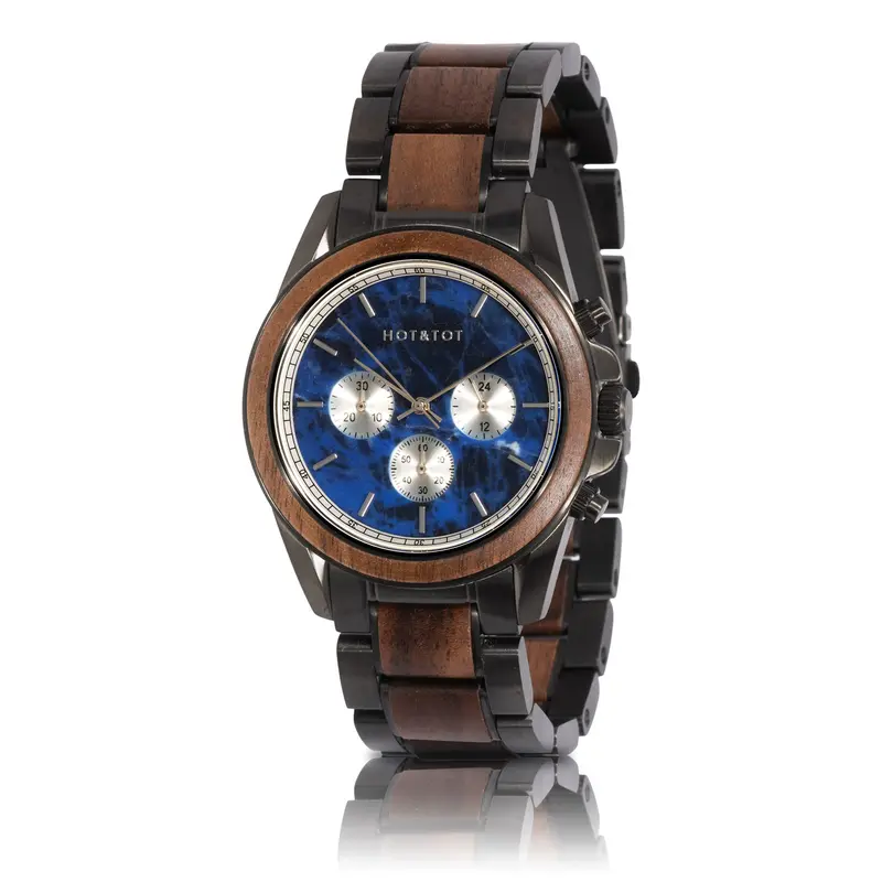 ROYAL JUGLANS | CHRONOGRAAF | 42MM | WALNOOT HOUT | ZILVER | GUNMETAL RVS | SAFFIERGLAS | BLAUW SODALITE