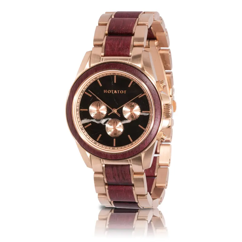 ROYAL PELTOGYNE HOUTEN HERENHORLOGE | CHRONOGRAAF | 42MM | PURPERHEART HOUT | ROSÉGOUD | RVS | SAFFIERGLAS | ZWART MARMER