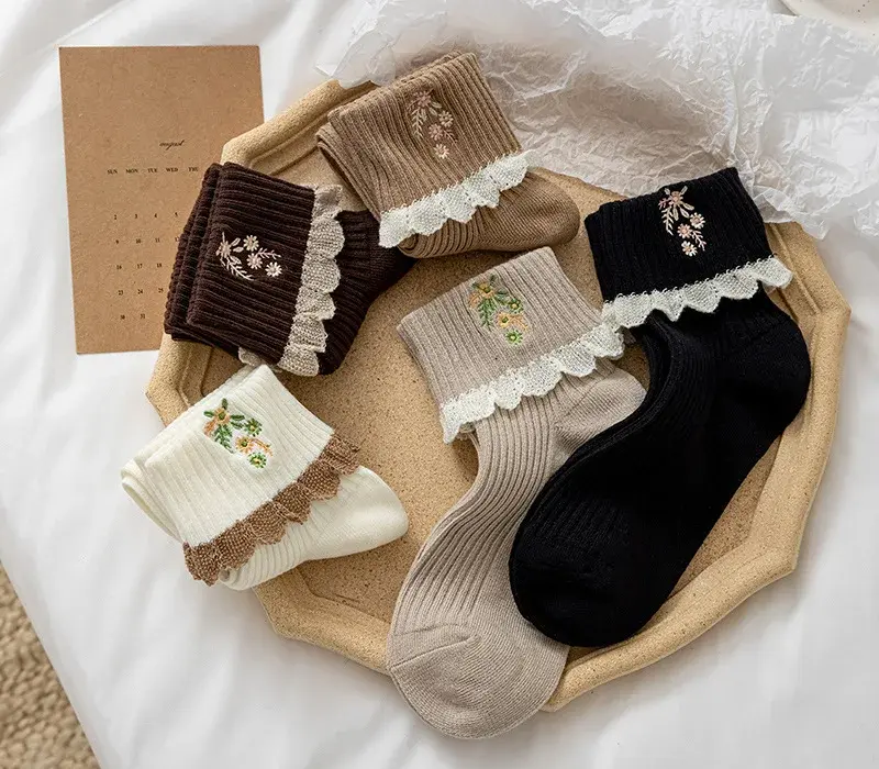 Ruffled Flower Embroidery Crew Socks (5 Colours)