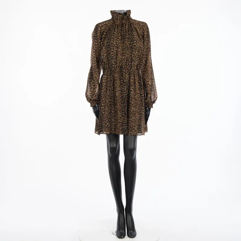 Ruffled Mini Dress In Leopard Print Virgin Wool & Silk