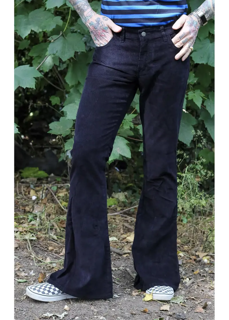 Run & Fly Men's Black 70s Corduroy Flare Trousers