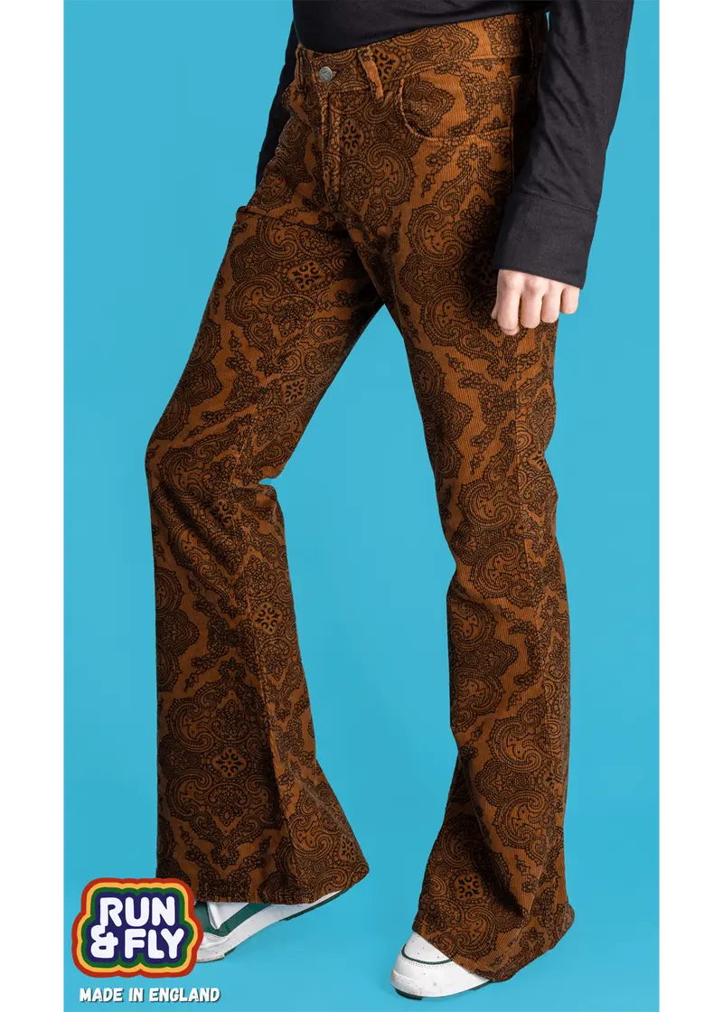 Run & Fly Men's Hendrix Corduroy 70's Flare Trousers Tobacco Brown