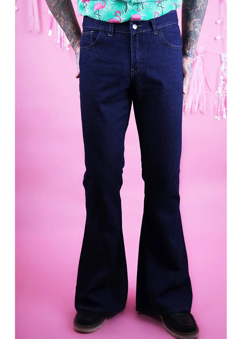 Run & Fly Men's Indigo Denim 70s Flare Trousers Blue