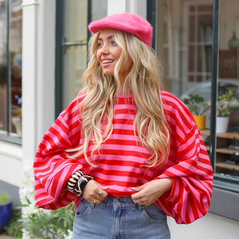 Saar streep sweater rood roze