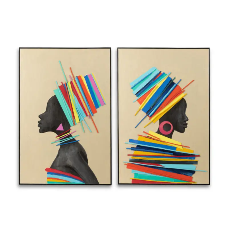 Schilderij Afrikaanse Vrouw Hout/Canvas Mix Set van 2 Jline