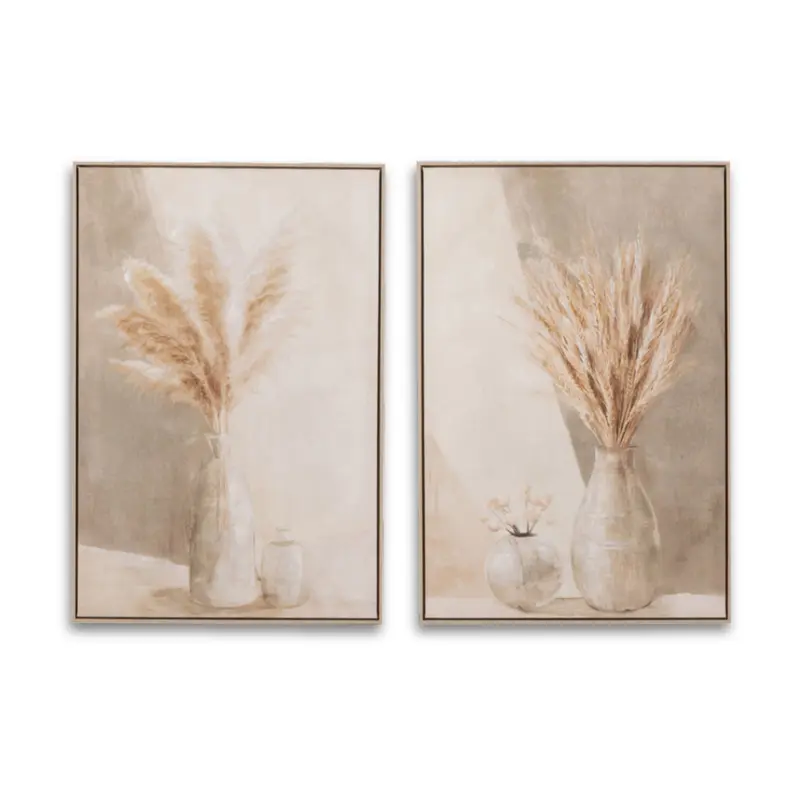 Schilderij Vaas Pampas Canvas/Hout Beige Set van 2 J-Line
