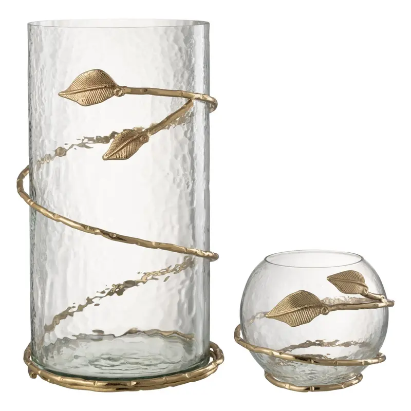 Set Van 2 Glazen Windlicht en Vaas Blad Goud J-Line