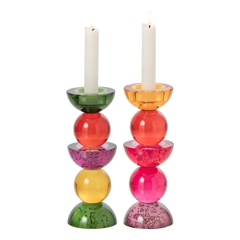 Set van 2 Kandelaars Glas Groen Paars En Oranje Roze Small J-Line