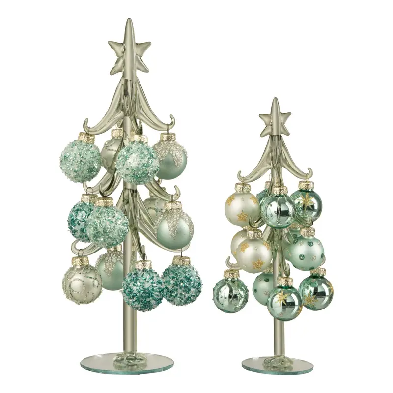 Set Van 2 Kerstbomen + Ballen Glas Muntgroen/Lichtblauw J-Line