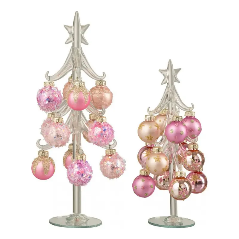 Set Van 2 Kerstbomen + Ballen Glas Roze/Transparant J-Line