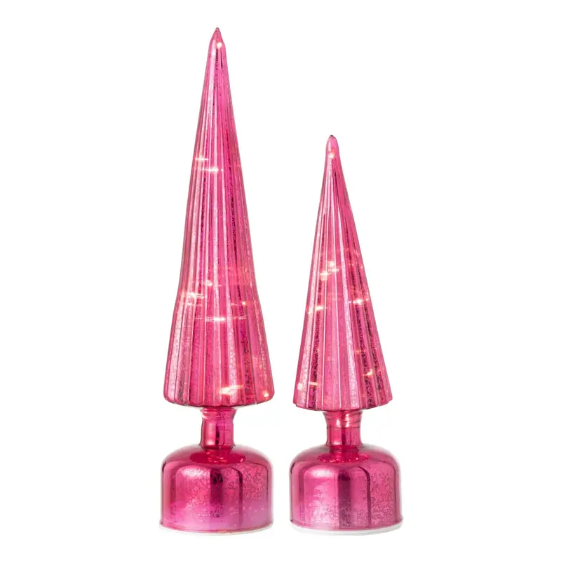 Set Van 2 Kerstbomen Led Craquelé Glas Donkerroze J-Line