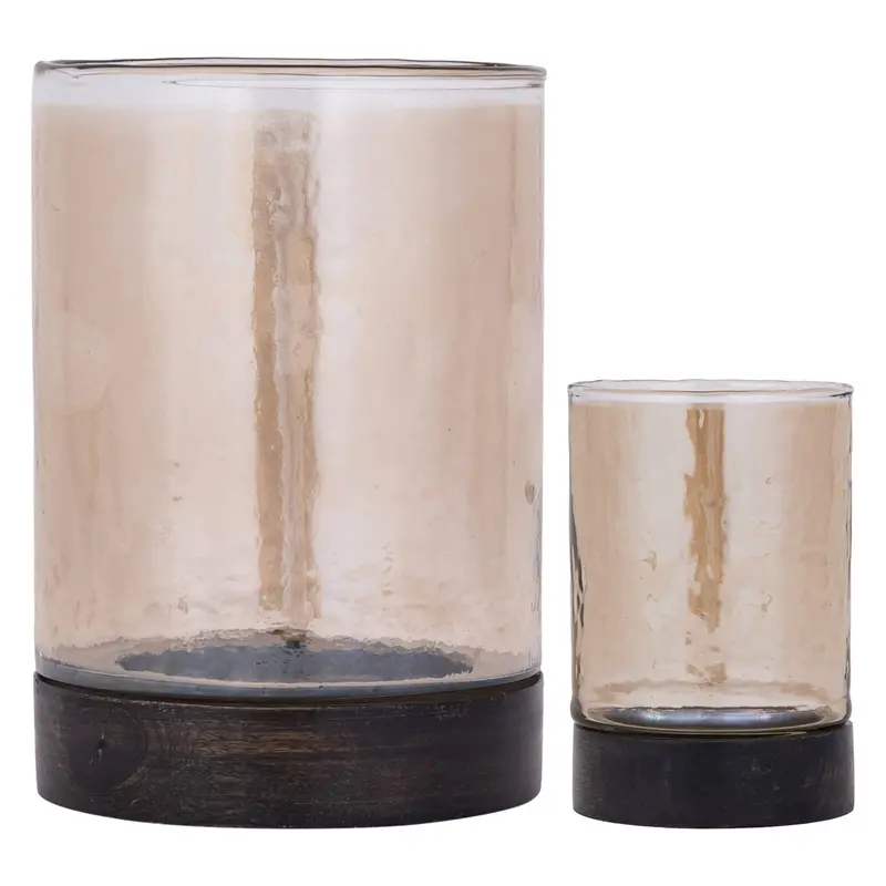 Set Van 2 Keylan Windlichten Glas Bruin Houten Voet PTMD