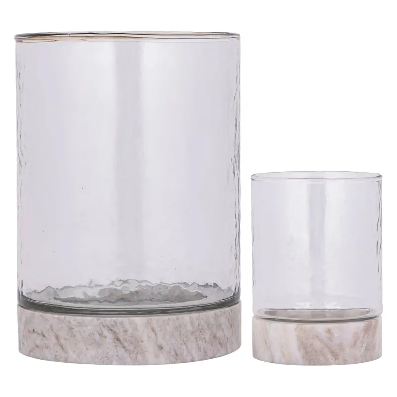 Set Van 2 Keylan Windlichten Glas Helder Marmeren Voet PTMD
