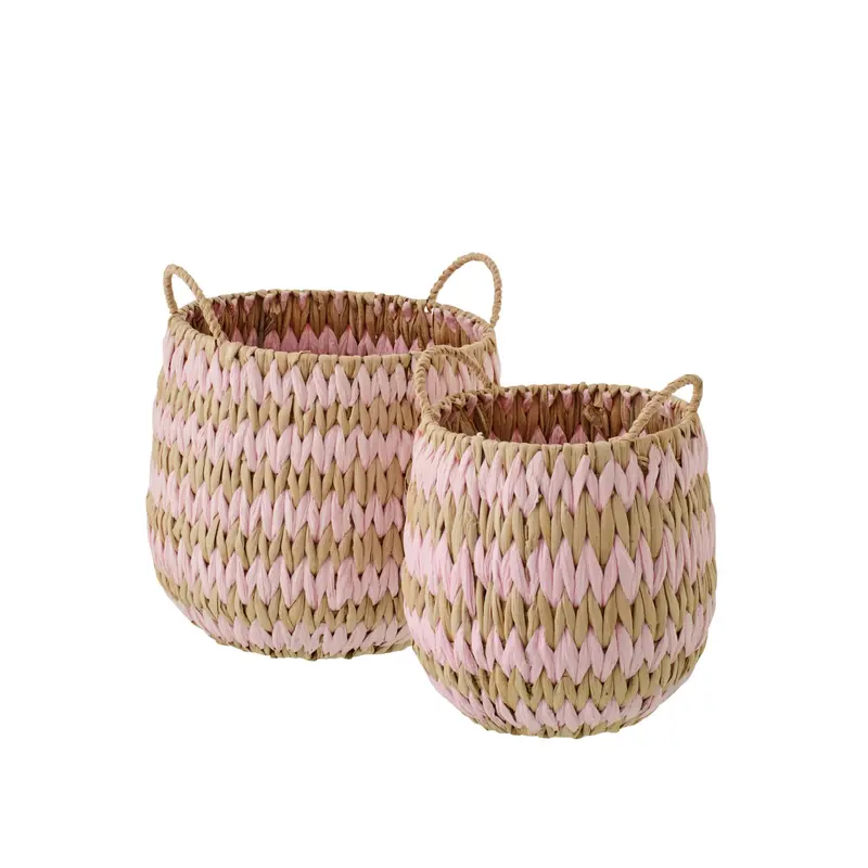 Set Van 2 Mand Met Handvatten Gestreept Bies Naturel/Lichtroze J-Line