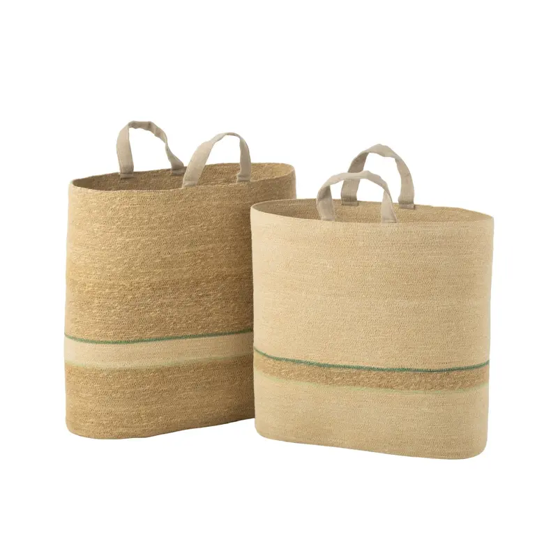 Set Van 2 Mand Strepen+Handvat Naturel/Groen J-Line