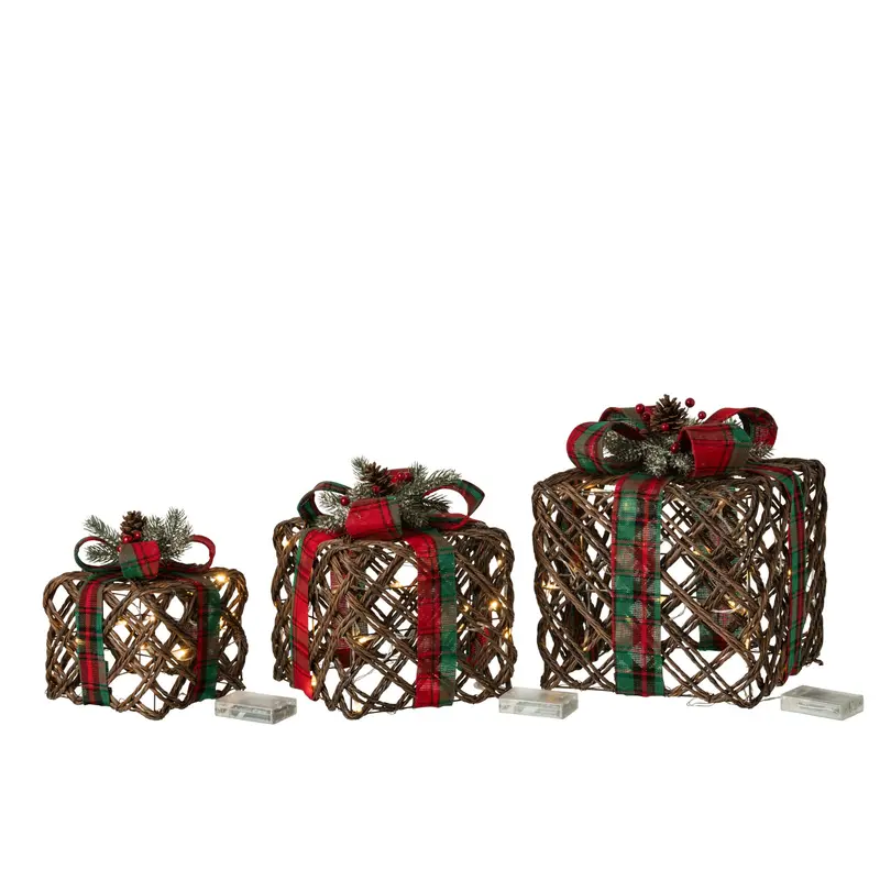 Set Van 3 Decoratieve Cadeaudozen Met Led Donkerbruin/Kerstrood J-Line