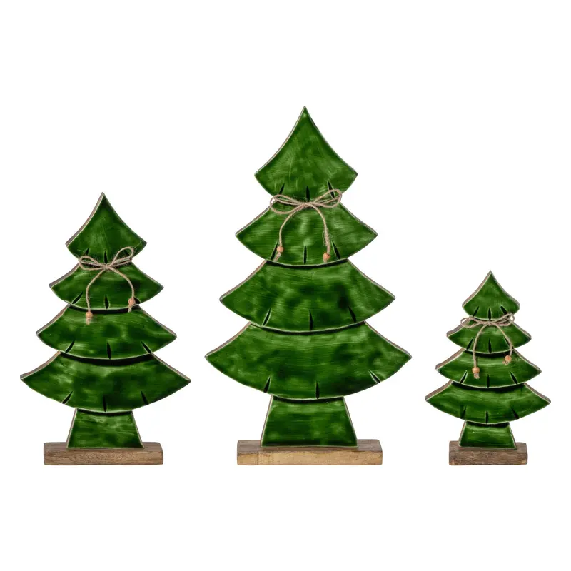 Set Van 3 Kerstbomen Met Strik Mangohout Donkergroen Naturel J-Line