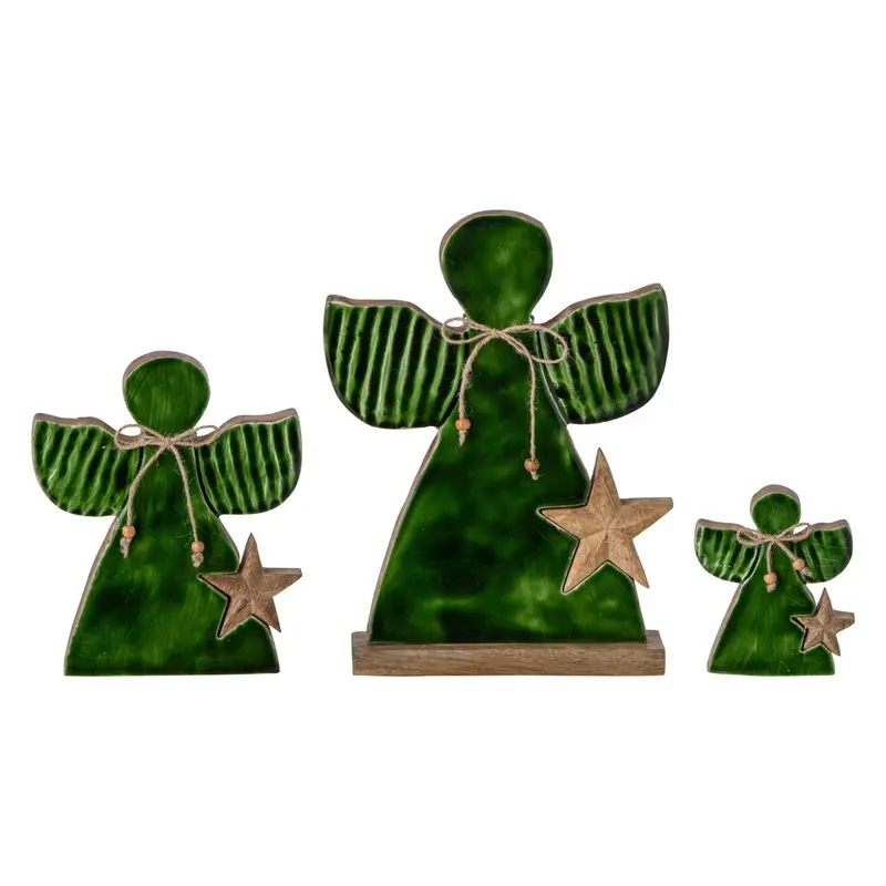 Set Van 3 Kerstengelen Met Ster Mangohout Donkergroen Naturel J-Line