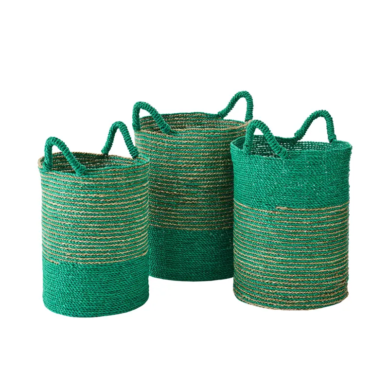 Set Van 3 Mand Gestreept Raffia Donkergroen/Naturel J-Line